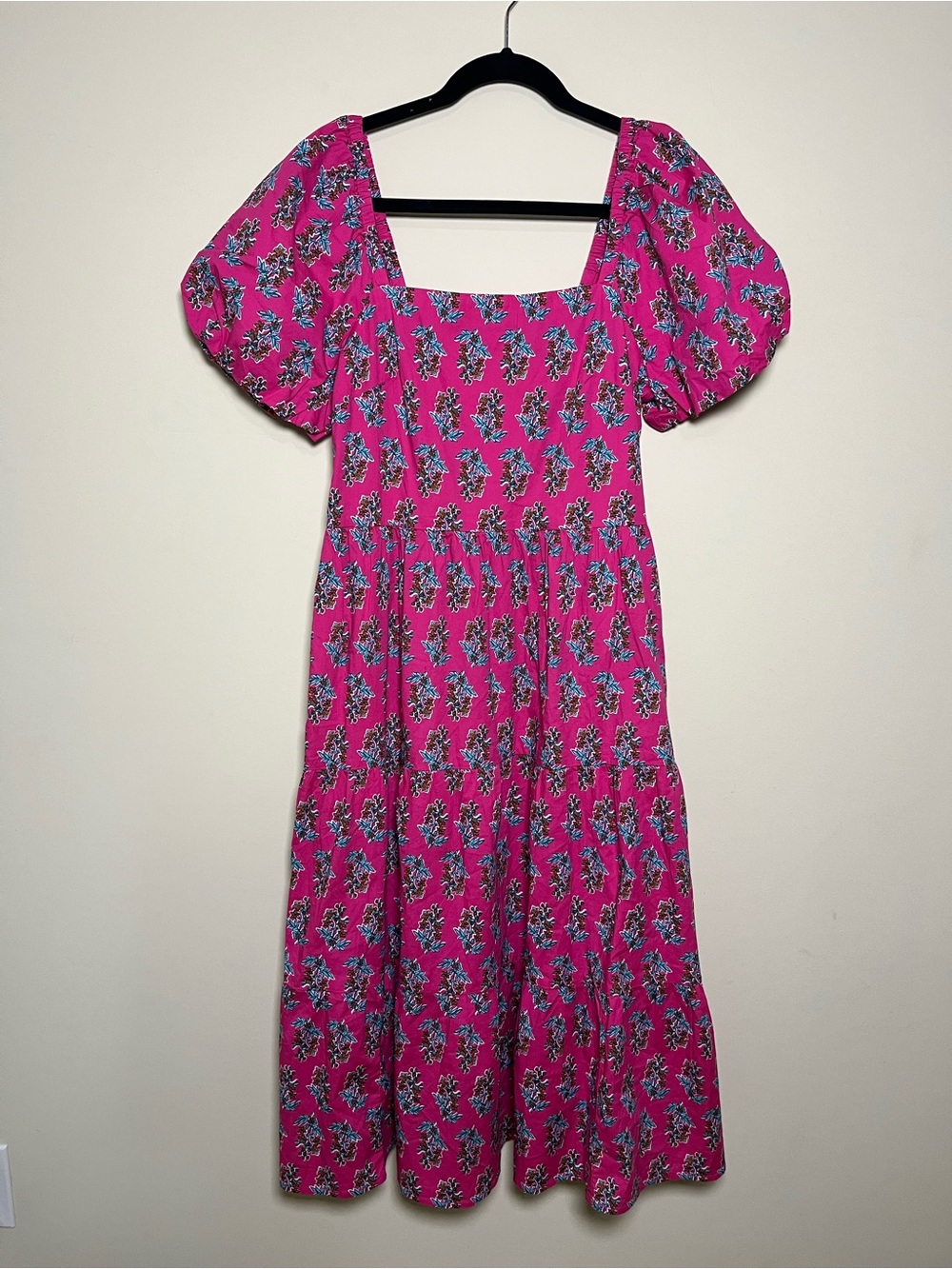 J. Crew Puff Sleeve Tiered Midi Dress Pink Floral Women’s Size 10 Romantic Boho
